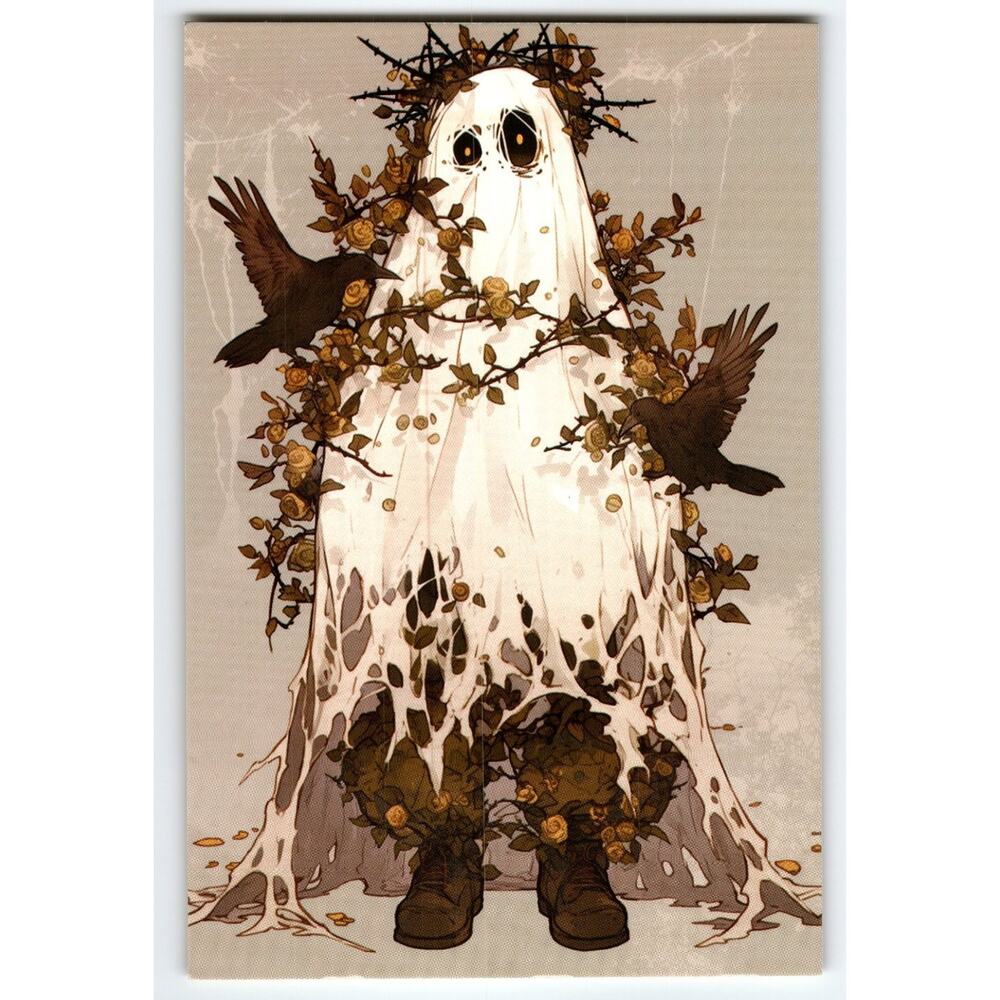 Halloween Ghost with Crows & Roses Photochrome Postcard 5.5x4 Chrome